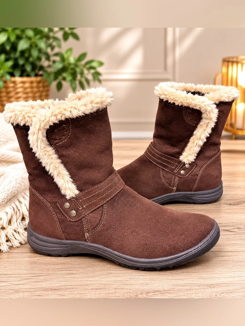 Earth Spirit Faux Suede & Fur Mid-Calf Boho/Moto Winter Boots – Size 10